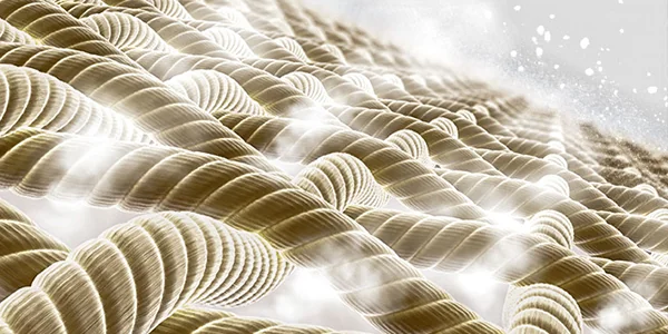 Vista microscopica delle fibre del tessuto traspirante che mostrano la struttura del flusso d'aria, evidenziando la tecnologia di asciugatura rapida e di traspirazione di WHFrontend.