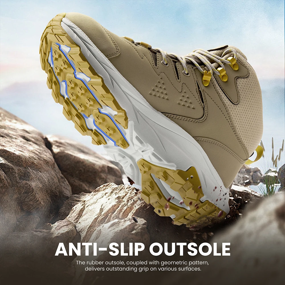 Waterproof hiking boots with high-traction rubber outsole and geometric tread design, providing reliable grip and stability on wet, rocky, or uneven surfaces.