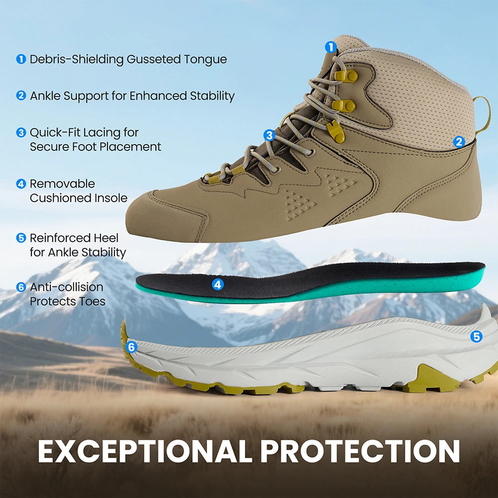 Men’s waterproof hiking boots with ankle support, cushioned insole, and reinforced heel design for all-day comfort and protection on rugged outdoor terrain.