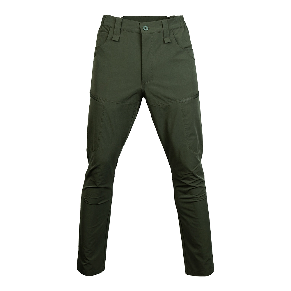 Army green men’s quick dry hiking pants made from lightweight, breathable fabric with stretch design for outdoor travel and trekking.