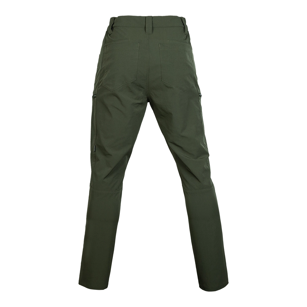 Back view of army green quick dry hiking pants showing elastic waistband and ergonomic seam design for comfort during movement.