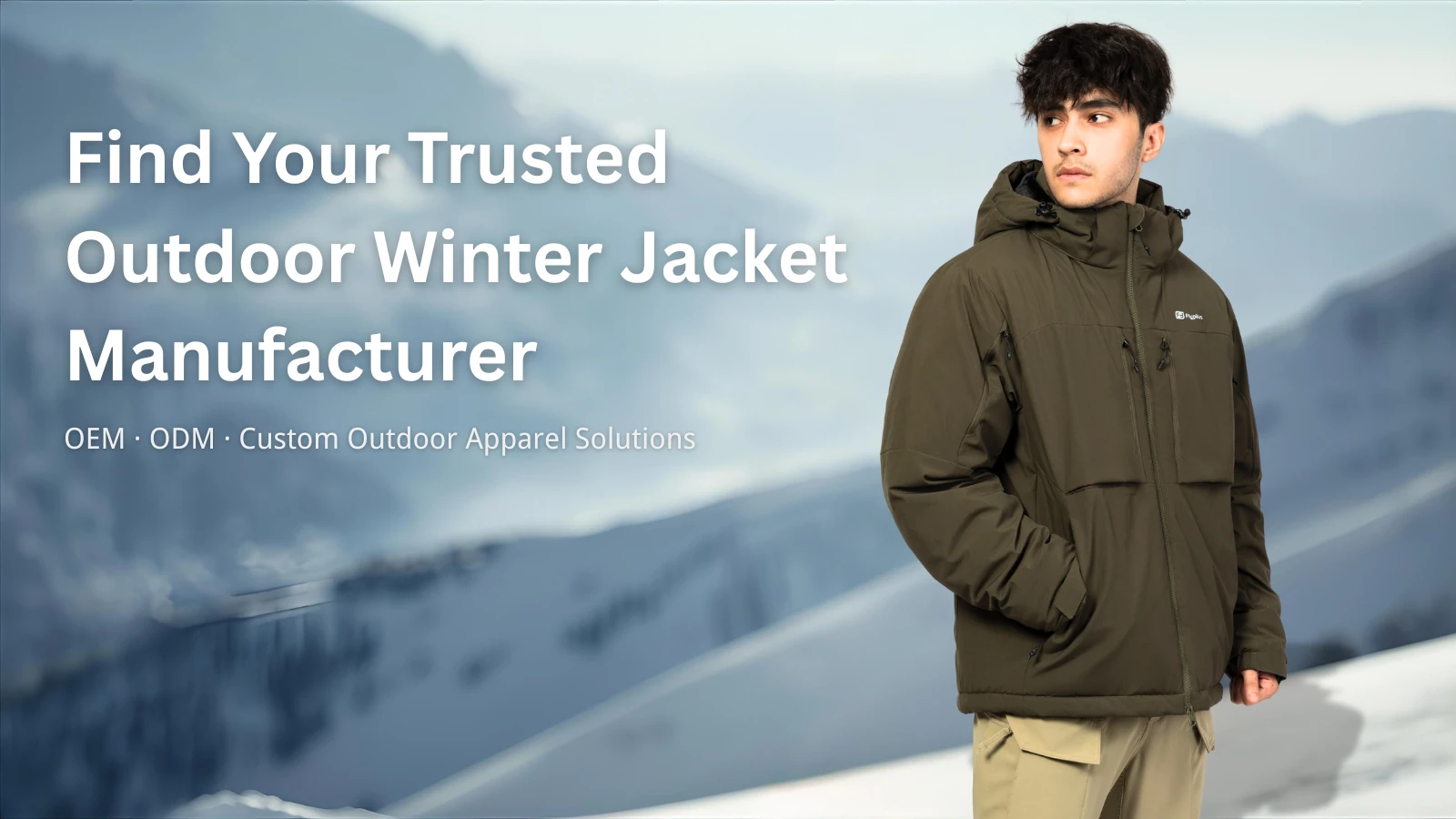 Male model wearing outdoor winter jacket in snowy mountain scene – Fronter Group manufacturer banner