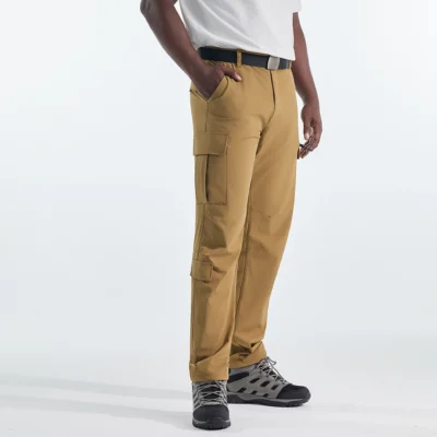 Khaki men’s breathable hiking pants offering comfort, flexibility, and quick-dry performance for outdoor activities.