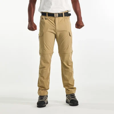Full-length khaki convertible hiking pants for men showing elastic waist, tactical pockets, and straight-leg fit.