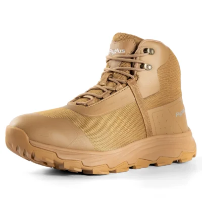Khaki hiking boots for men designed with waterproof coating, cushioned insoles, and non-slip rubber soles.