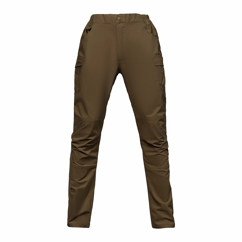 Khaki men’s waterproof hiking pants made from quick-dry and breathable ripstop fabric. Ideal for outdoor work, trekking, and mountain activities.
