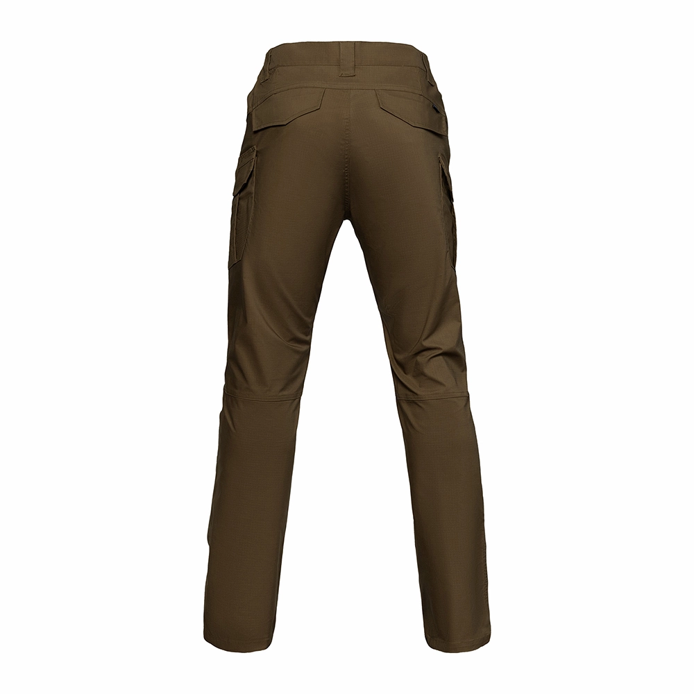 Back view of khaki men’s waterproof hiking pants showing elastic waistband and functional pocket design, ideal for hiking and travel.
