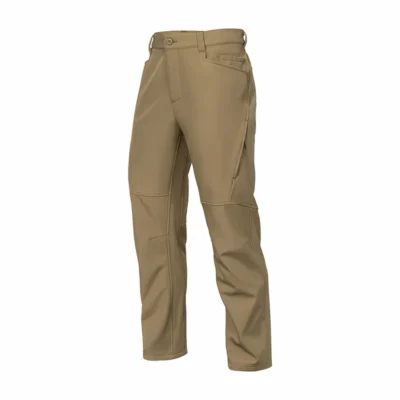 Side view of khaki waterproof hiking pants for men with multi-pocket design and adjustable waist fit.