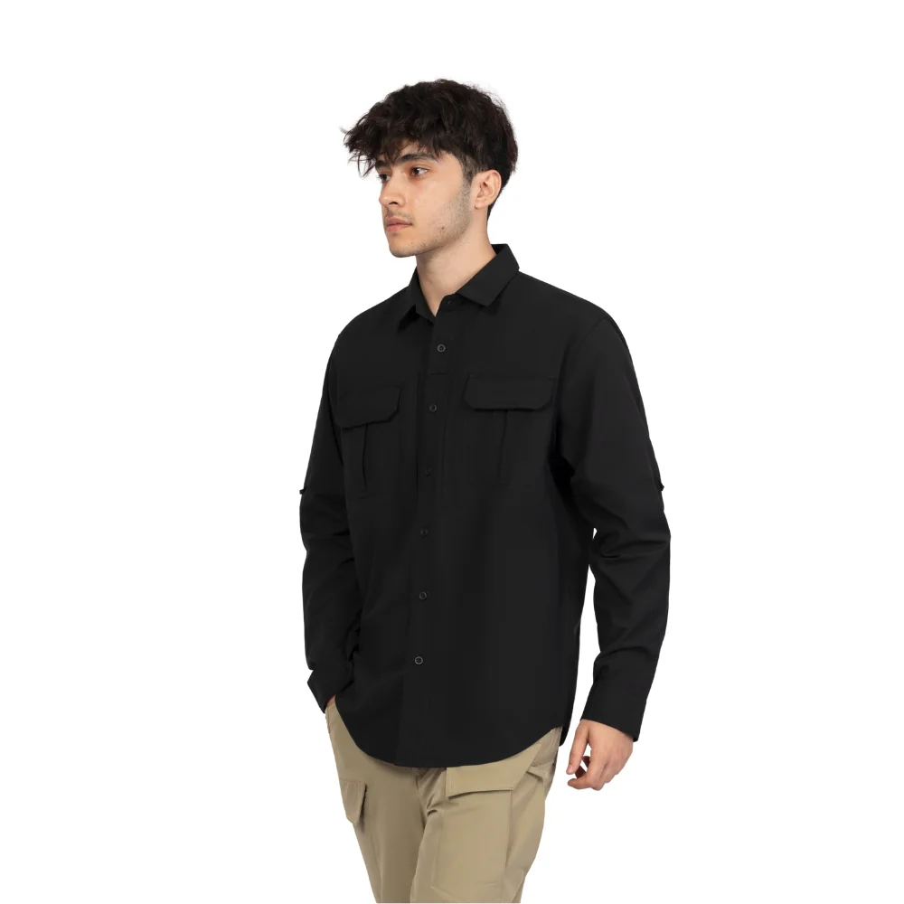Black men’s outdoor shirt with long sleeves and chest pockets, perfect for hiking, camping, and tactical wear.