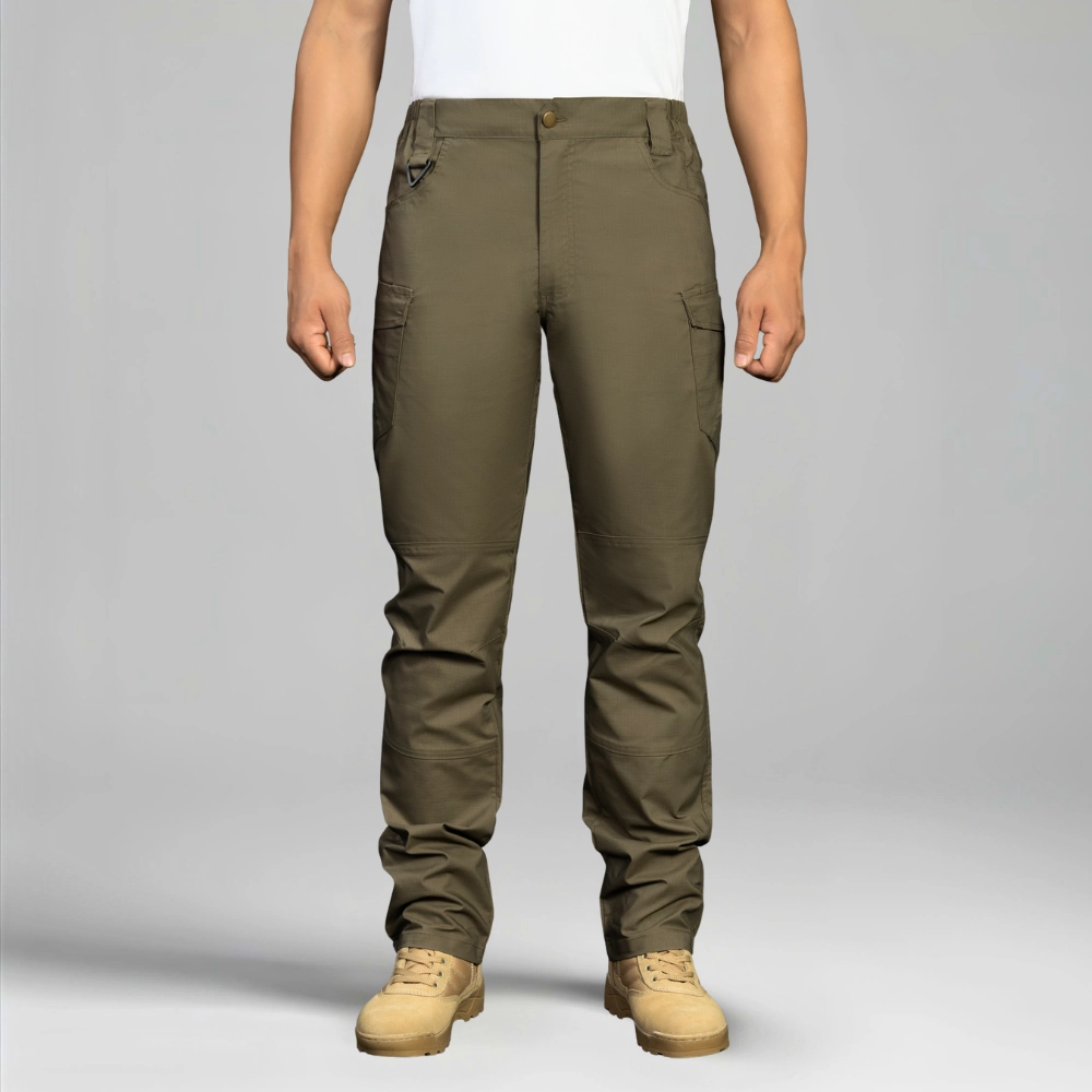 Army green waterproof hiking pants for men with multiple pockets, durable stitching, and ergonomic fit for hiking and outdoor adventures.