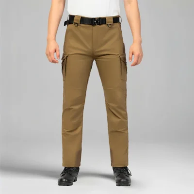Model wearing men’s hiking pants showing fit and functional pocket design, ideal for tactical and outdoor environments.