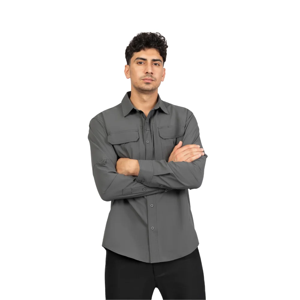 Gray long-sleeve outdoor shirt with button-up design, breathable quick-dry fabric, and classic fit for active use.