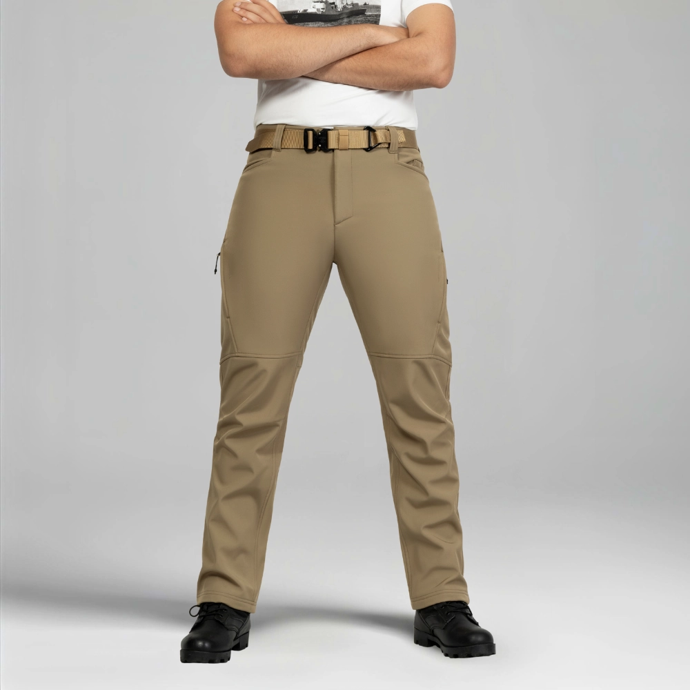 Khaki hiking pants for men with stretch waist and breathable softshell fabric for hiking and camping.