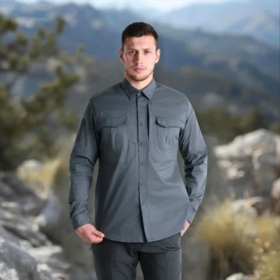 Outdoor men’s fishing shirt with UV protection and quick-dry fabric. Designed for fishing, hiking, and outdoor adventures.