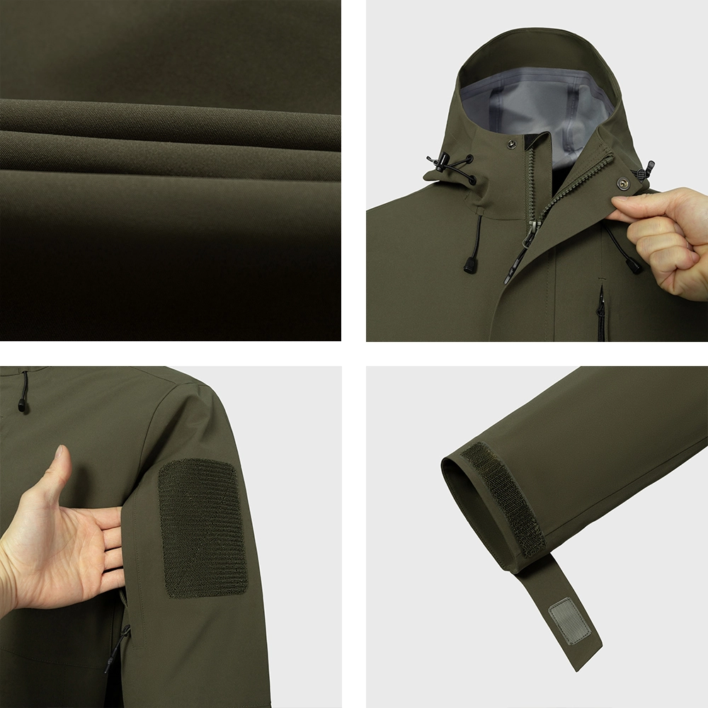 Close-up details of olive green men’s waterproof jacket showing fabric texture, waterproof zipper, and adjustable cuffs, designed for durable outdoor performance.