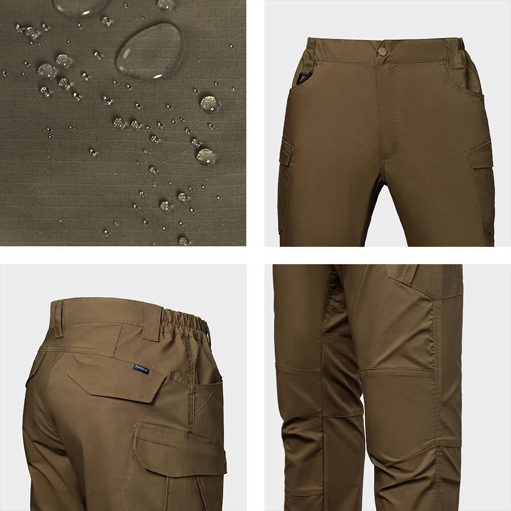 Detailed view of men’s waterproof hiking pants featuring water-repellent fabric, utility pockets, and reinforced stitching for outdoor durability.
