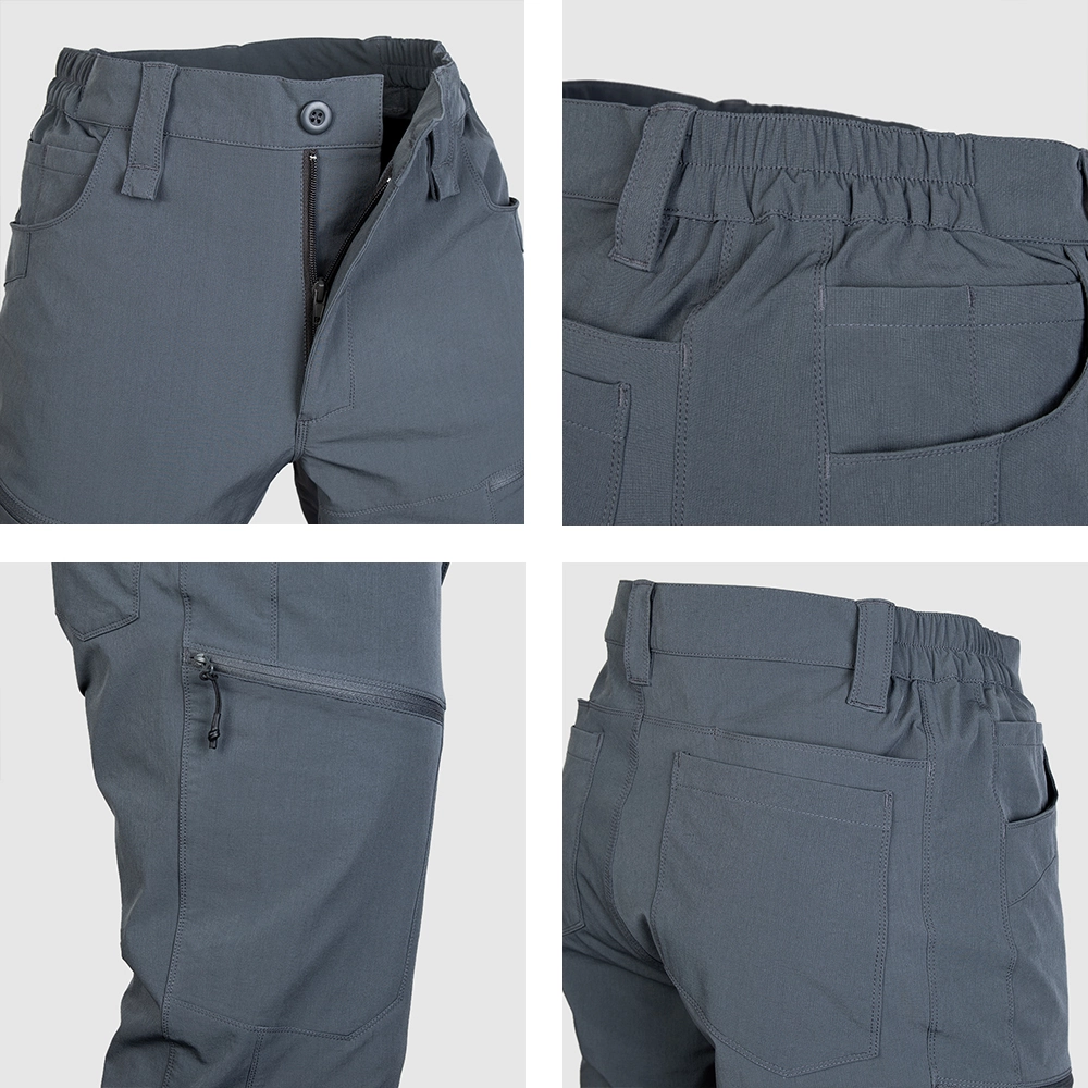 Close-up details of men’s quick dry hiking pants featuring ripstop fabric, zipper pocket, and reinforced stitching for durability.