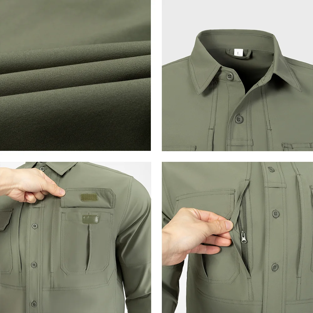 Close-up fabric and pocket details of army green outdoor shirt, highlighting ripstop texture, hidden zippers, and stitching quality.