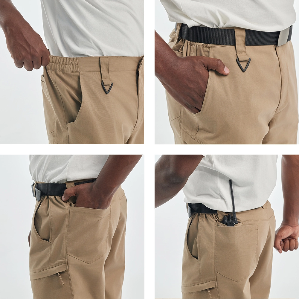 Close-up view of men’s hiking pants showing pockets, elastic waistband, and reinforced seams for durability and comfort.