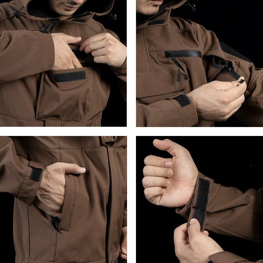 Close-up view of waterproof jacket details showing chest pockets, arm zippers, and adjustable cuffs for outdoor performance.