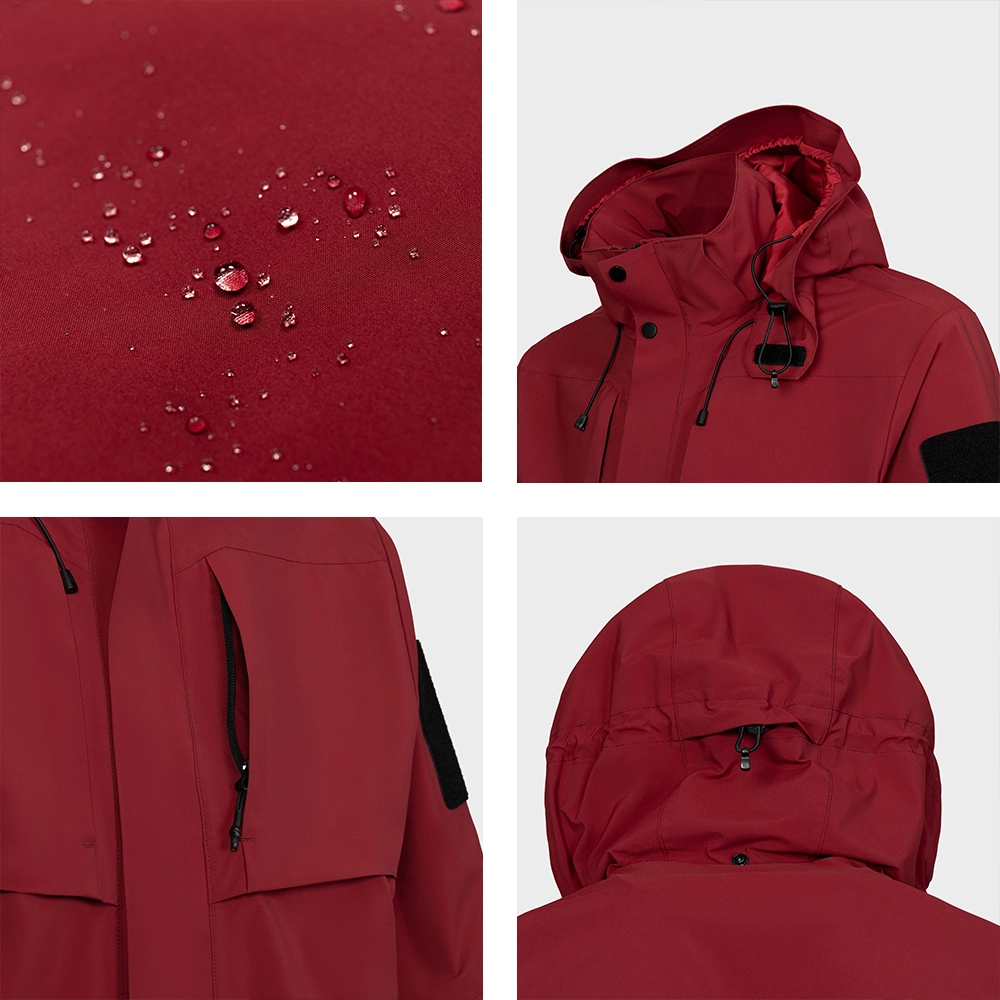 Close-up details of red men’s 3 in 1 waterproof jacket showing water-repellent fabric, adjustable hood, and functional pocket design for outdoor use.