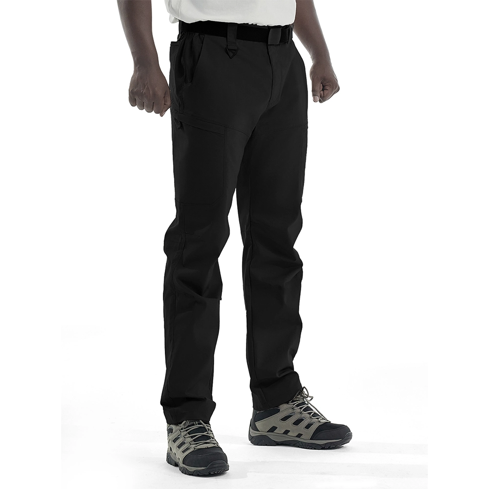 Black outdoor men’s hiking pants crafted with stretch fabric, reinforced stitching, and multiple functional pockets.