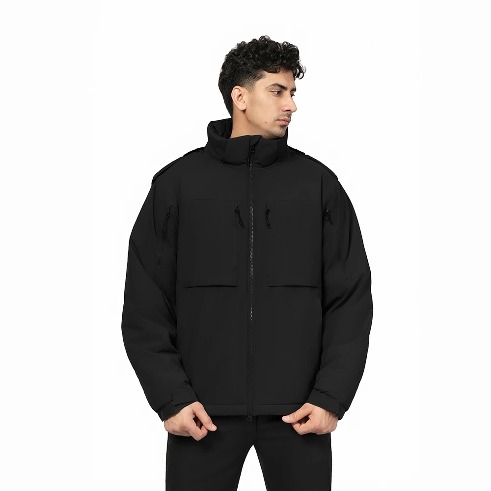 Men’s black waterproof winter jacket with windproof shell and insulated design for warmth and comfort in winter outdoor conditions.