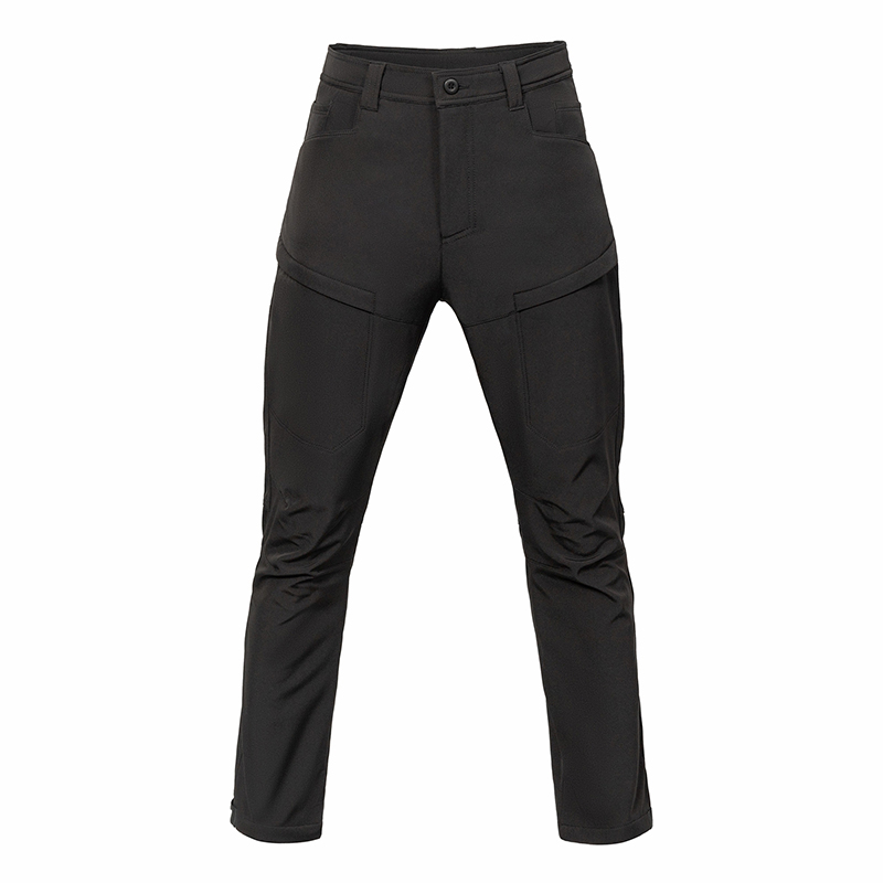 Front view of black men’s hiking pants made of water-resistant, windproof, and flexible fabric.